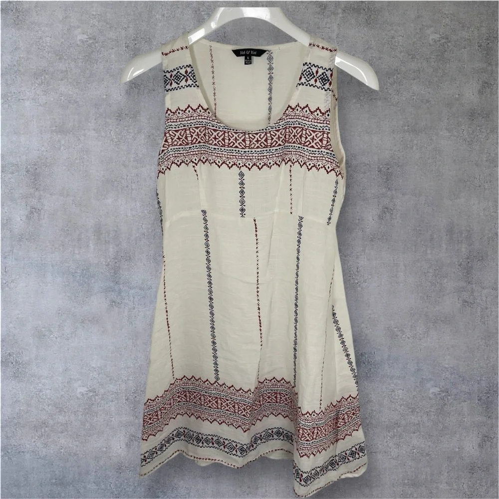 Yak & Yeti Sleeveless White Patterned Dress,‎ S